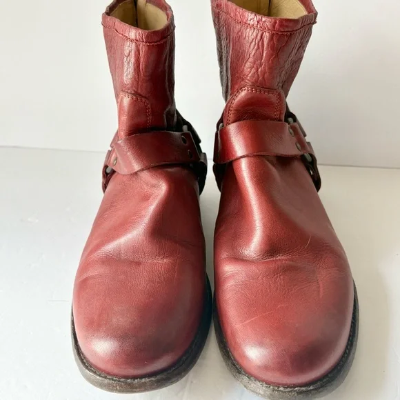 Frye Red Leather Phillip Harness Ankle Boots - Picture 4 of 9